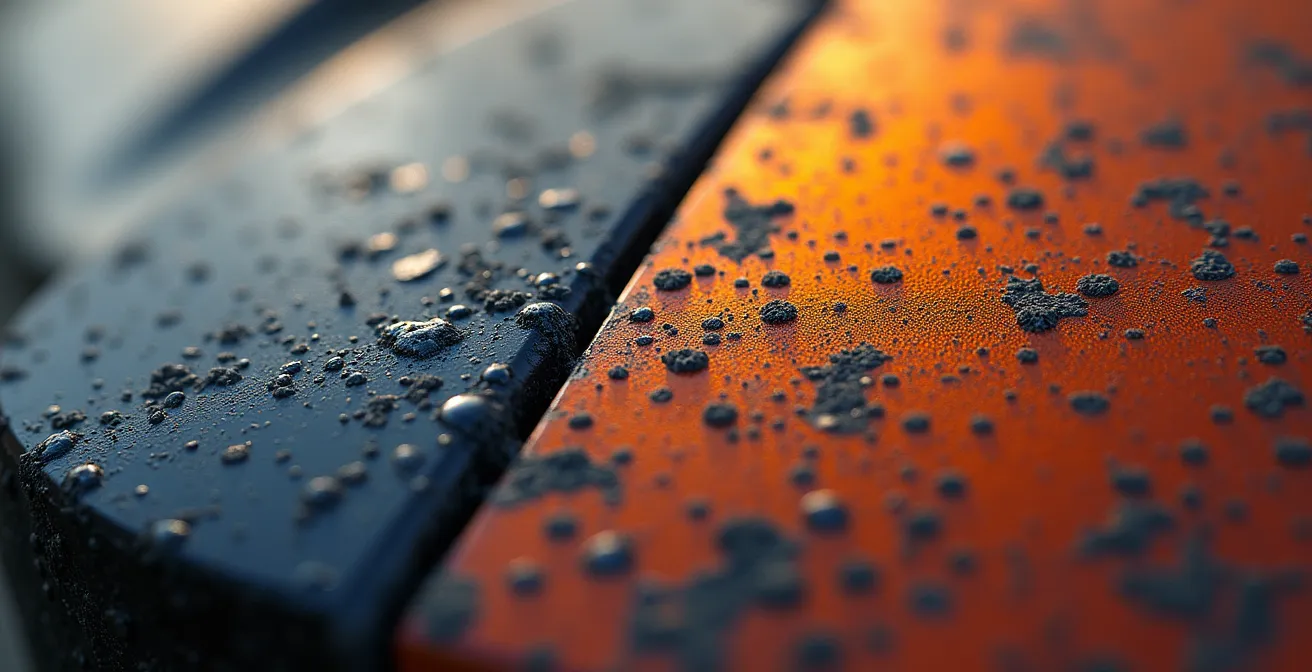 Gros plan texturé d'une surface céramique vieillie montrant la dégradation progressive des nanoparticules