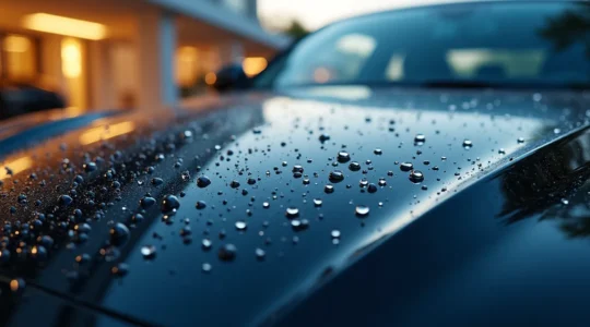 Carrosserie automobile brillante avec effet hydrophobe, gouttes d'eau perlantes et reflet miroir