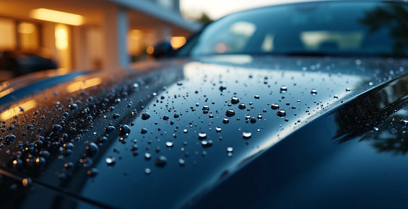 Carrosserie automobile brillante avec effet hydrophobe, gouttes d'eau perlantes et reflet miroir