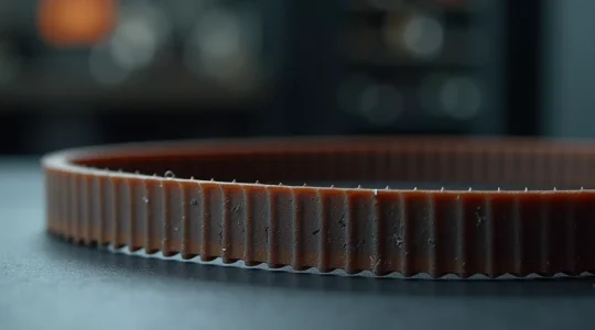 Vue rapprochée d'une courroie de distribution endommagée avec microfissures et usure visible
