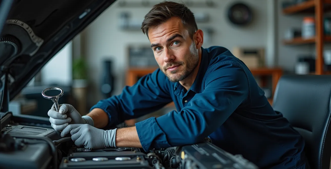 Mécanicien inspectant le compartiment moteur avec stéthoscope diagnostique, en train d'évaluer un bruit anormal