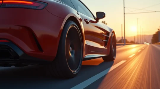 Photo réaliste d'un véhicule moderne équipé de pneus Michelin Primacy 4 roulant sur une route urbaine clean avec un éclairage cinématographique, accent sur la texture fine des pneus et un bokeh naturel en arrière-plan