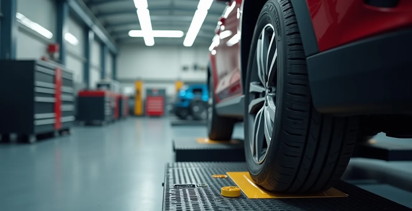 Vue minimaliste d'un atelier de maintenance automobile avec focus sur un pneu en cours d'entretien