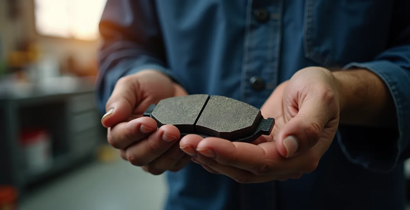 Mécanicien examinant une plaquette de frein usée avec son client