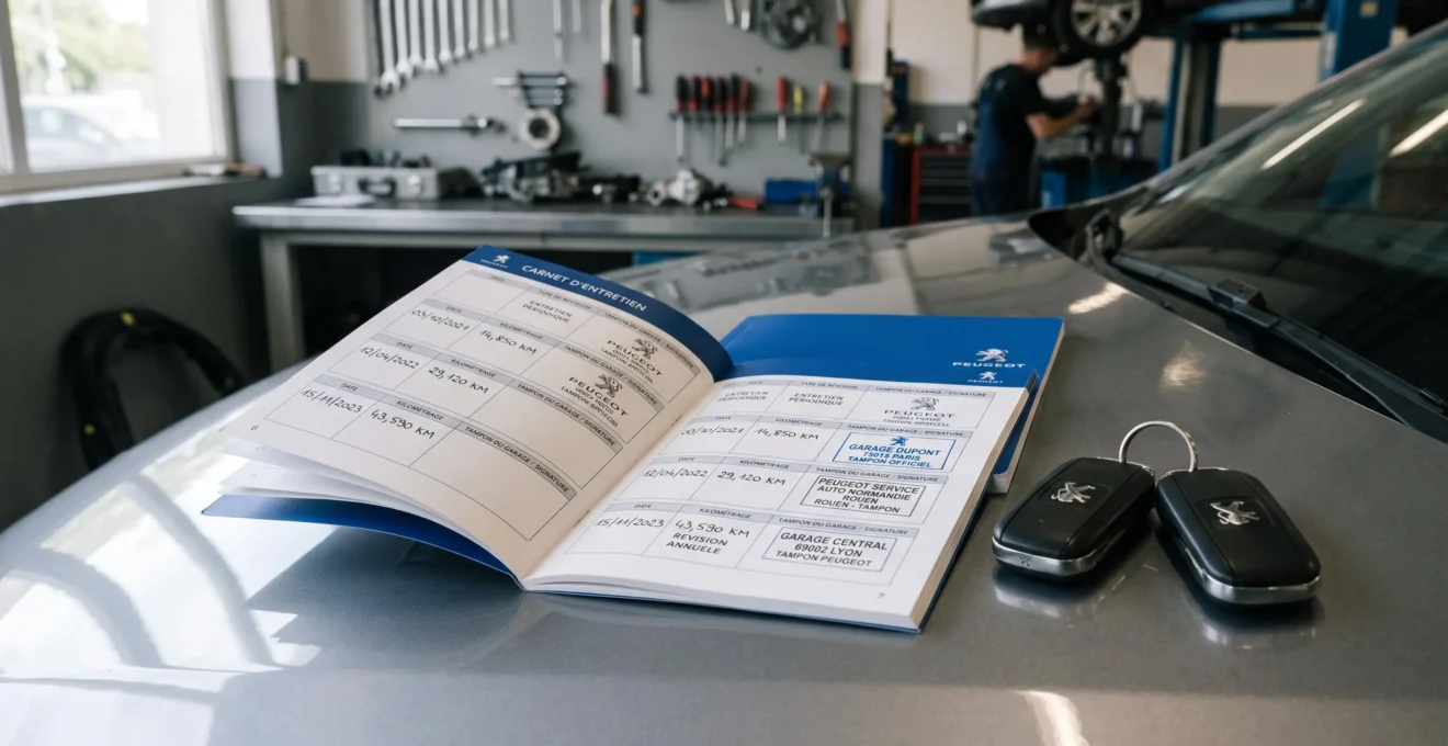 Carnet d'entretien Peugeot tamponné ouvert posé sur capot de véhicule avec trousseau de clés, en environnement atelier automobile