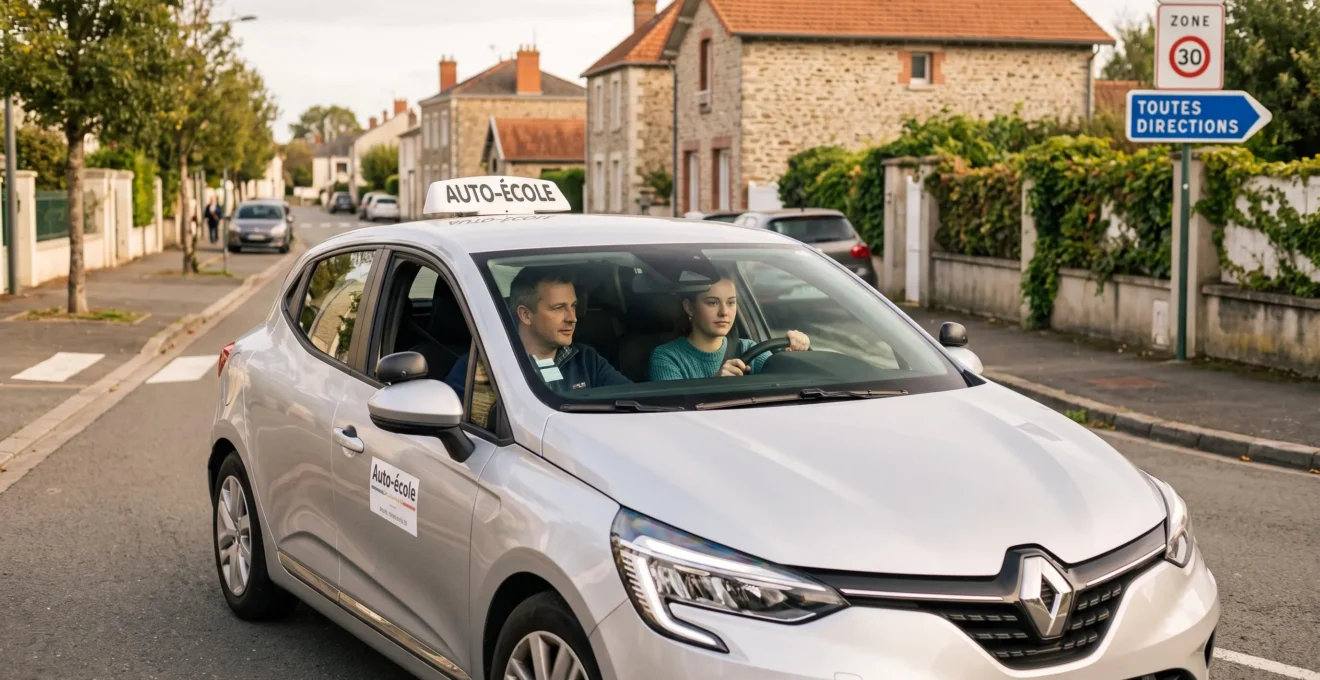 Jeune conductrice en leçon de conduite pratique avec un moniteur d'auto-école, au volant d'un véhicule équipé de double-commande dans une rue de Cholet