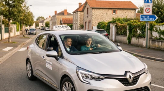 Jeune conductrice en leçon de conduite pratique avec un moniteur d'auto-école, au volant d'un véhicule équipé de double-commande dans une rue de Cholet