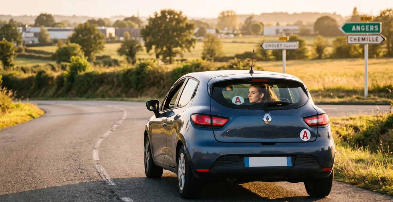 Jeune conductrice au volant de son véhicule personnel avec macaron A, conduisant seule après obtention de son permis de conduire