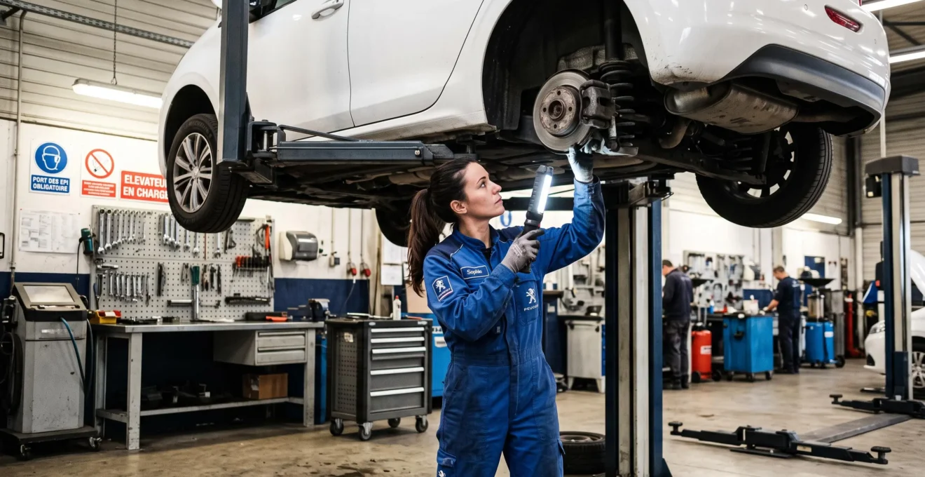 Technicienne automobile inspectant le train roulant d'une citadine surélevée sur pont élévateur dans un atelier de concession Spoticar
