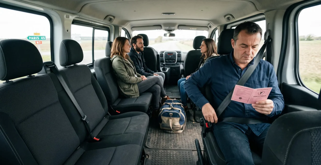 Un conducteur vérifie son permis de conduire au volant d'un minibus neuf places avec des passagers assis à l'intérieur.