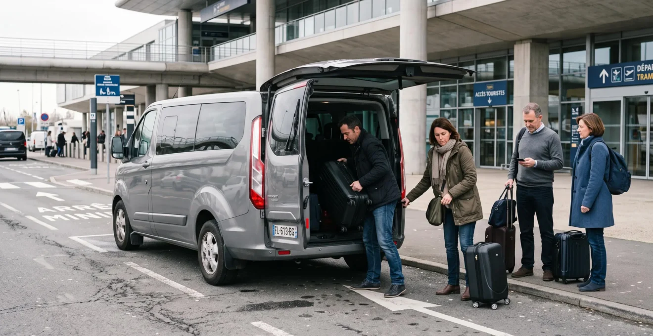 Un groupe de voyageurs charge ses valises dans un minibus neuf places garé devant le terminal de l'aéroport Paris-Charles de Gaulle.