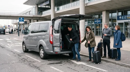 Un groupe de voyageurs charge ses valises dans un minibus neuf places garé devant le terminal de l'aéroport Paris-Charles de Gaulle.