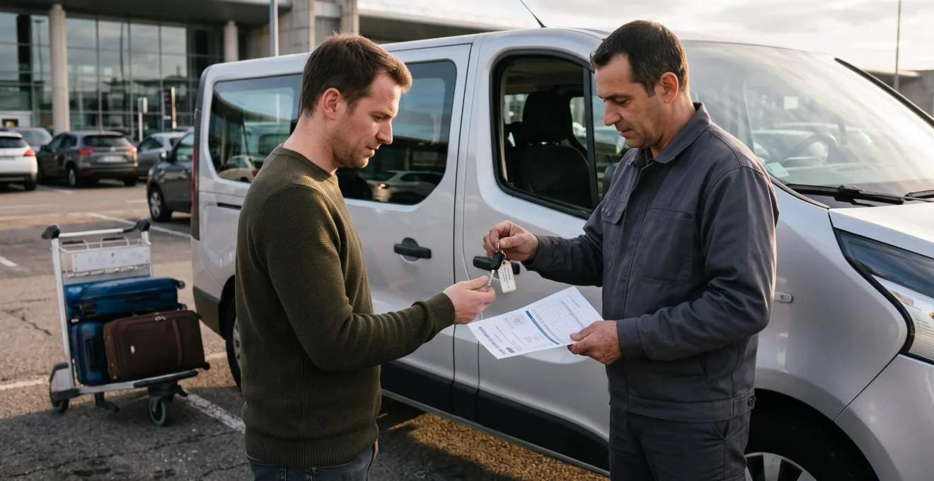Un agent de location remet les clés d'un minibus à un client sur le parking de l'aéroport Charles de Gaulle.